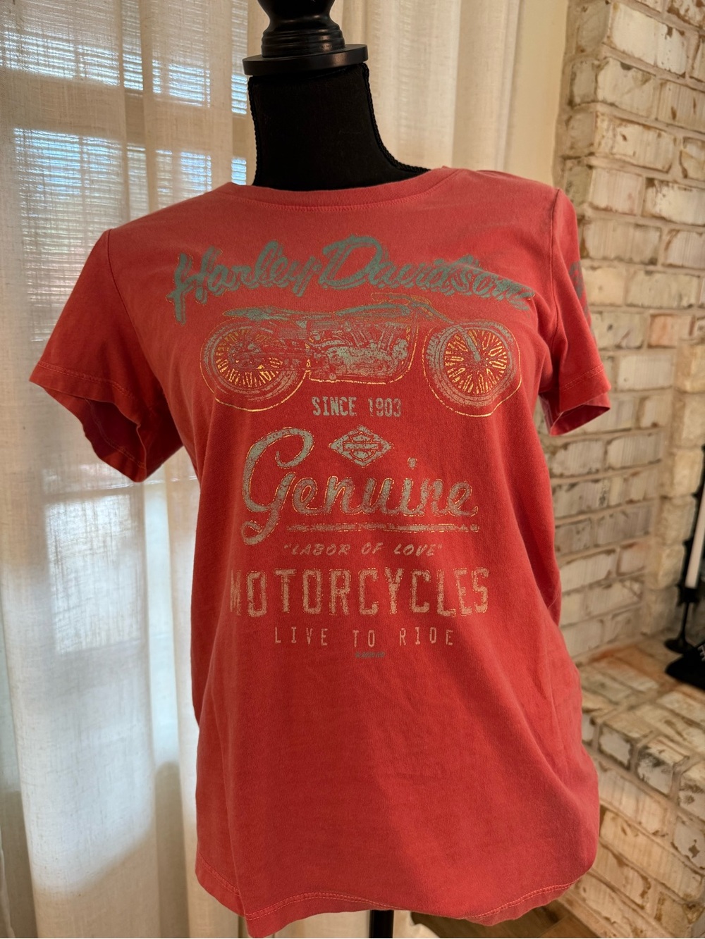 Harley-Davidson Coral Red Graphic Tee with Silver Print